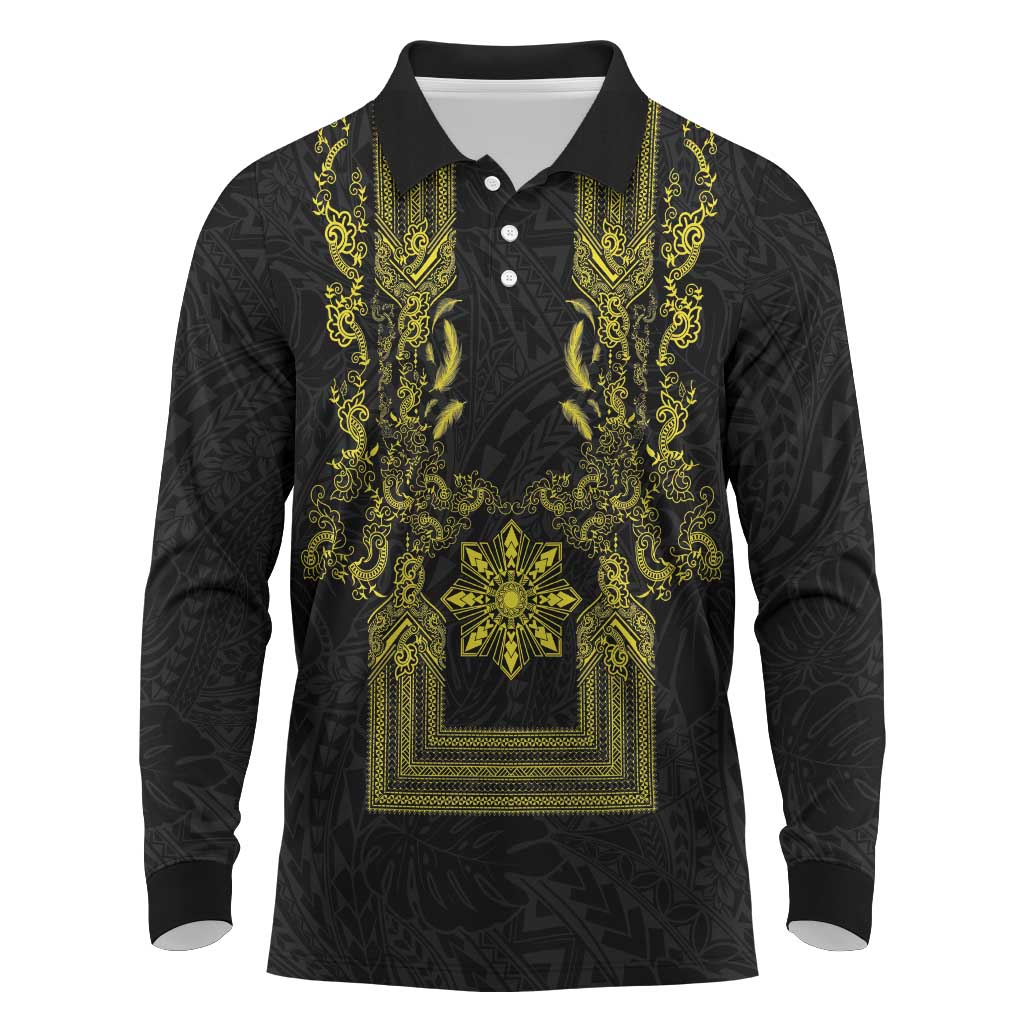 Philippines Barong Style Long Sleeve Polo Shirt with Polynesian Art and Leaf Motif Black-Gold Color LT03 Black - Polynesian Pride