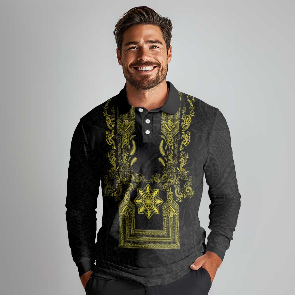 Philippines Barong Style Long Sleeve Polo Shirt with Polynesian Art and Leaf Motif Black-Gold Color LT03 - Polynesian Pride