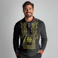 Philippines Barong Style Long Sleeve Polo Shirt with Polynesian Art and Leaf Motif Black-Gold Color LT03 - Polynesian Pride