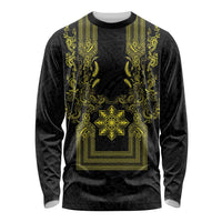 Philippines Barong Style Long Sleeve Shirt with Polynesian Art and Leaf Motif Black-Gold Color