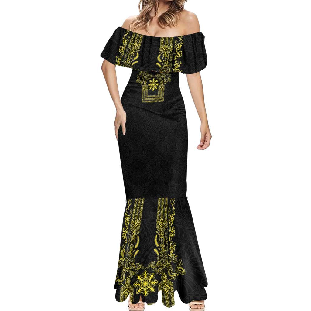 Philippines Barong Style Mermaid Dress with Polynesian Art and Leaf Motif Black-Gold Color LT03 - Polynesian Pride