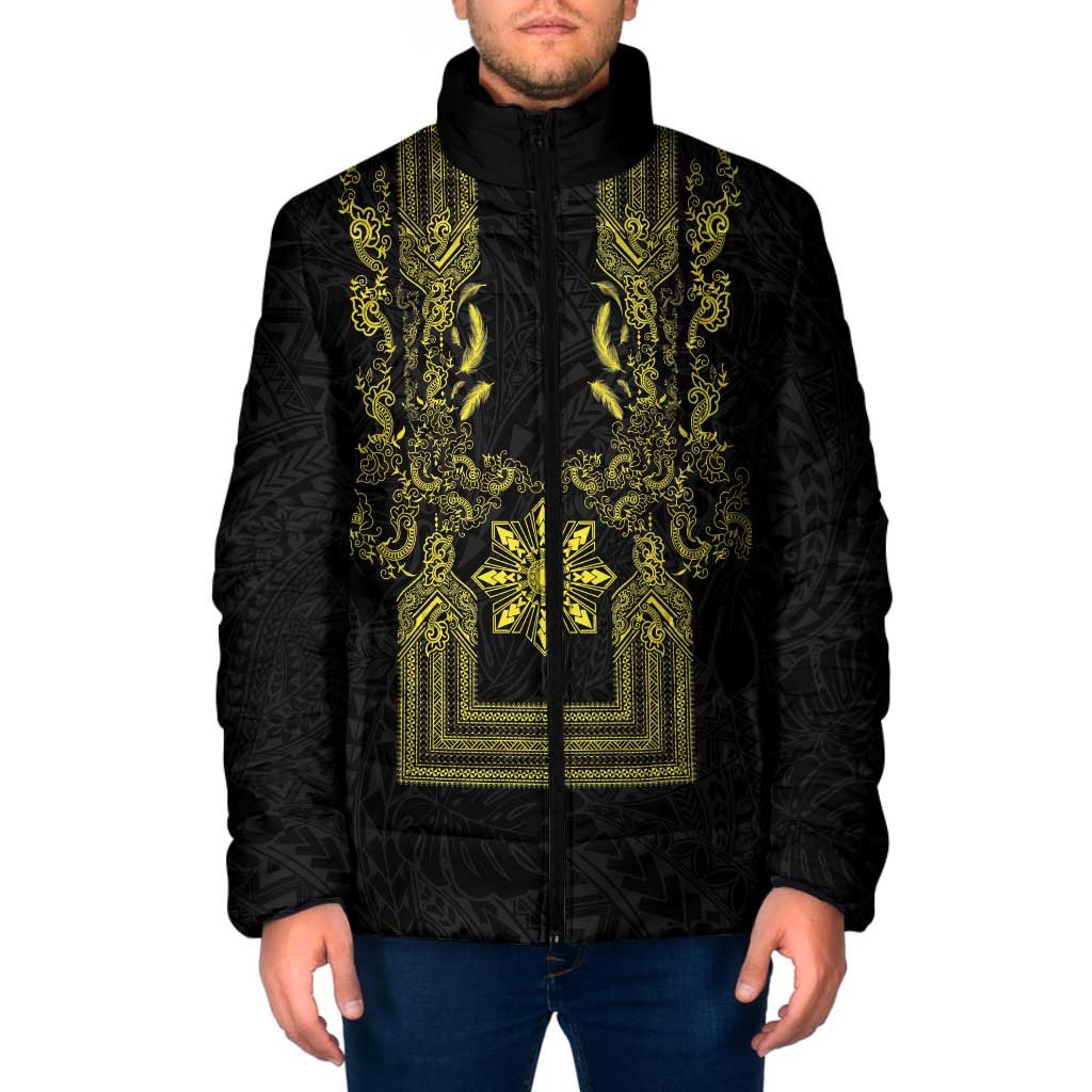 Philippines Barong Style Padded Jacket with Polynesian Art and Leaf Motif Black-Gold Color