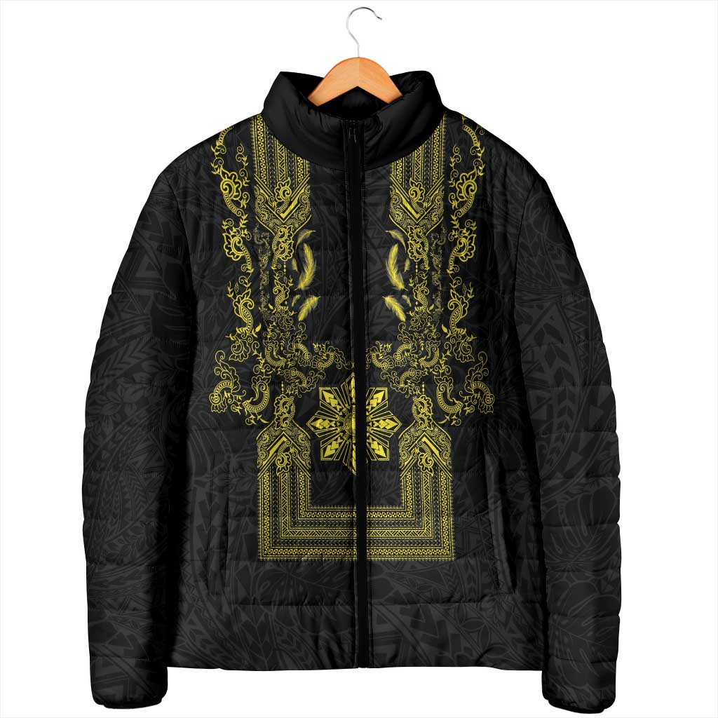 Philippines Barong Style Padded Jacket with Polynesian Art and Leaf Motif Black-Gold Color