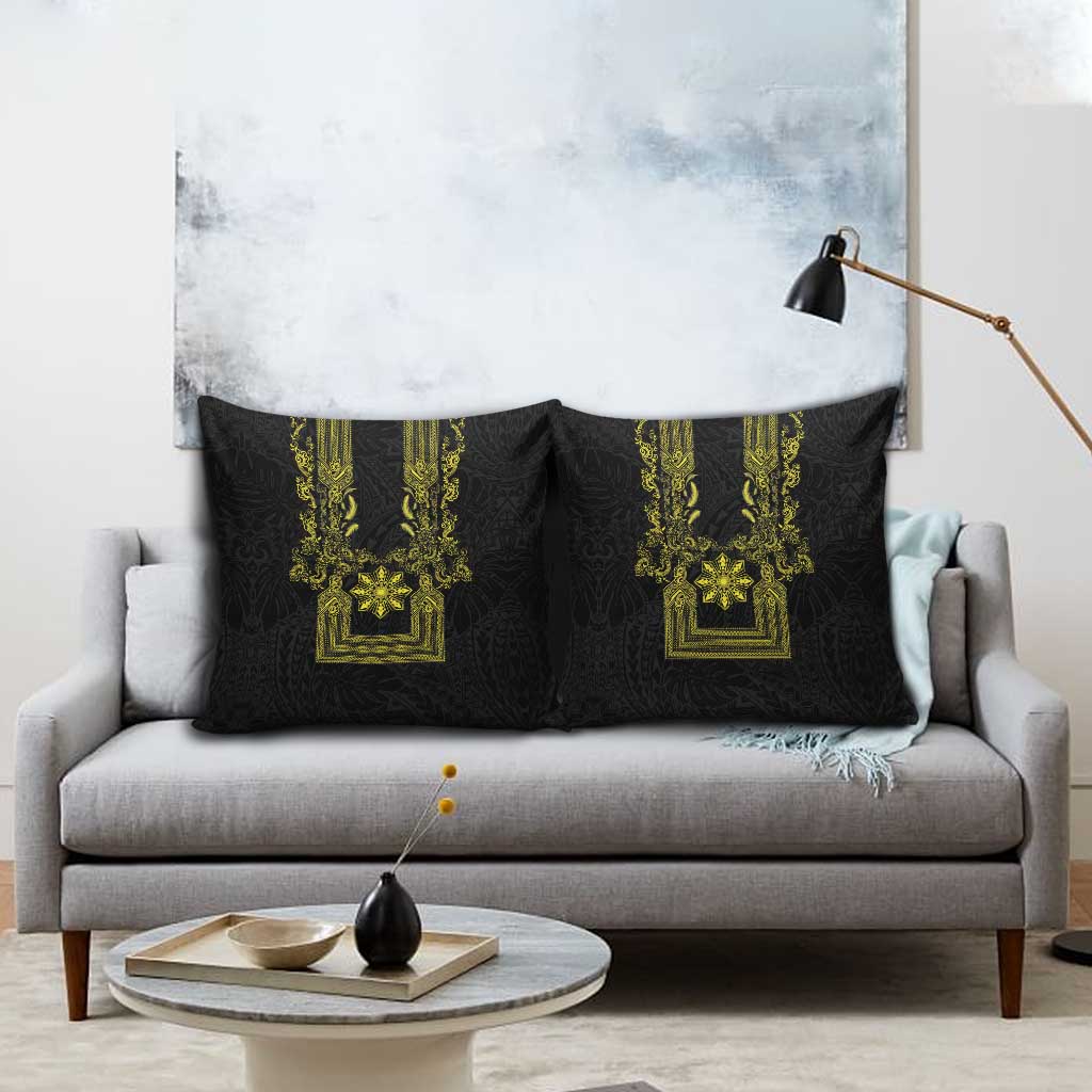 Philippines Barong Style Pillow Cover with Polynesian Art and Leaf Motif Black-Gold Color LT03 - Polynesian Pride