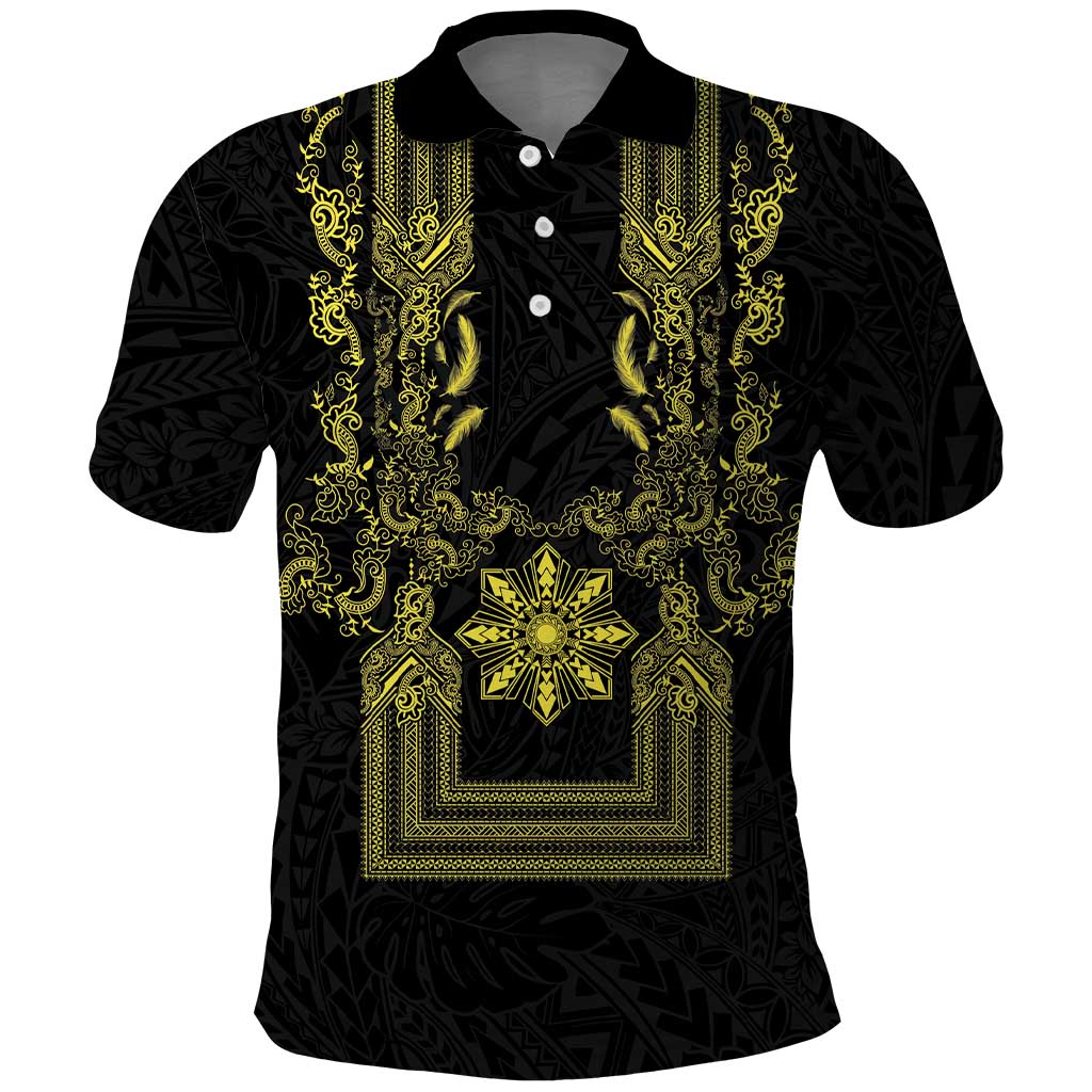 Philippines Barong Style Polo Shirt with Polynesian Art and Leaf Motif Black-Gold Color