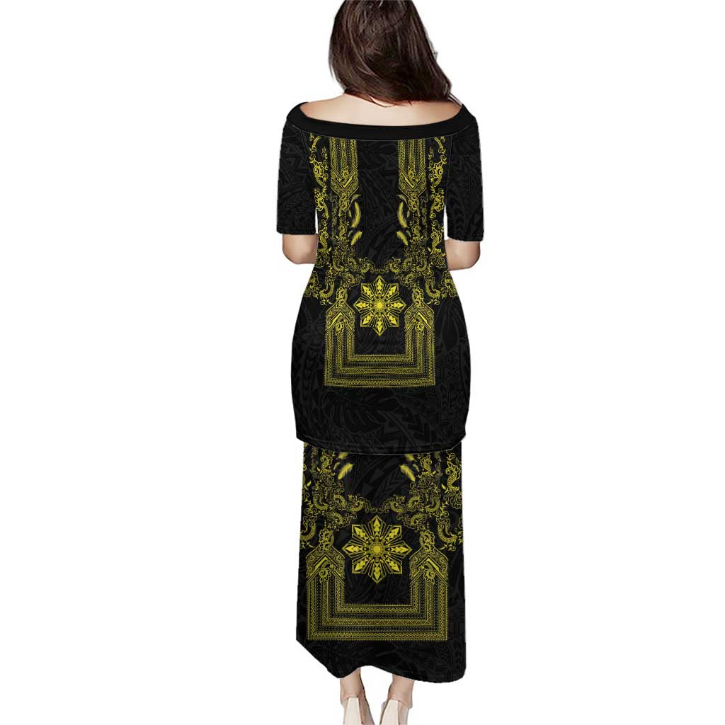 Philippines Barong Style Puletasi with Polynesian Art and Leaf Motif Black-Gold Color