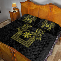 Philippines Barong Style Quilt Bed Set with Polynesian Art and Leaf Motif Black-Gold Color