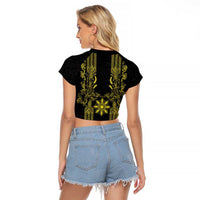 Philippines Barong Style Raglan Cropped T Shirt with Polynesian Art and Leaf Motif Black-Gold Color