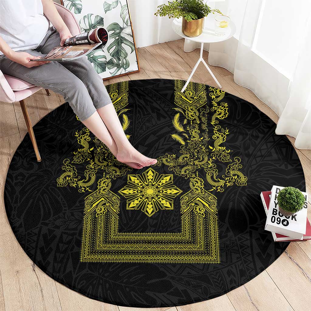 Philippines Barong Style Round Carpet with Polynesian Art and Leaf Motif Black-Gold Color