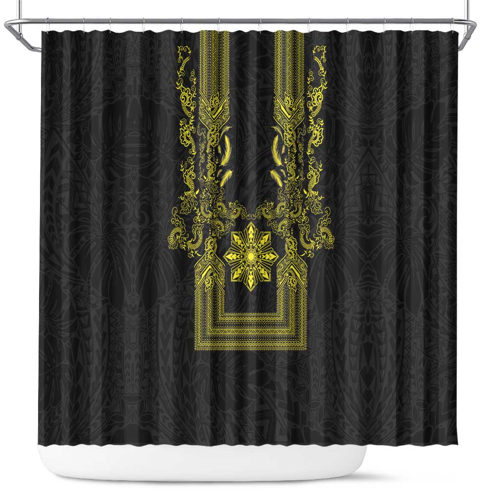 Philippines Barong Style Shower Curtain with Polynesian Art and Leaf Motif Black-Gold Color