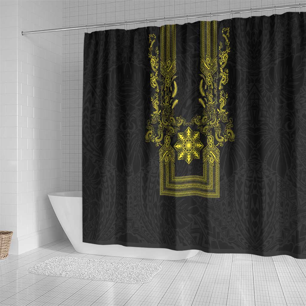 Philippines Barong Style Shower Curtain with Polynesian Art and Leaf Motif Black-Gold Color LT03 - Polynesian Pride