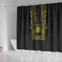 Philippines Barong Style Shower Curtain with Polynesian Art and Leaf Motif Black-Gold Color LT03 - Polynesian Pride
