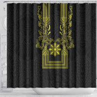 Philippines Barong Style Shower Curtain with Polynesian Art and Leaf Motif Black-Gold Color LT03 - Polynesian Pride