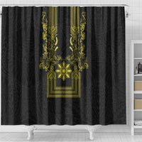 Philippines Barong Style Shower Curtain with Polynesian Art and Leaf Motif Black-Gold Color LT03 - Polynesian Pride