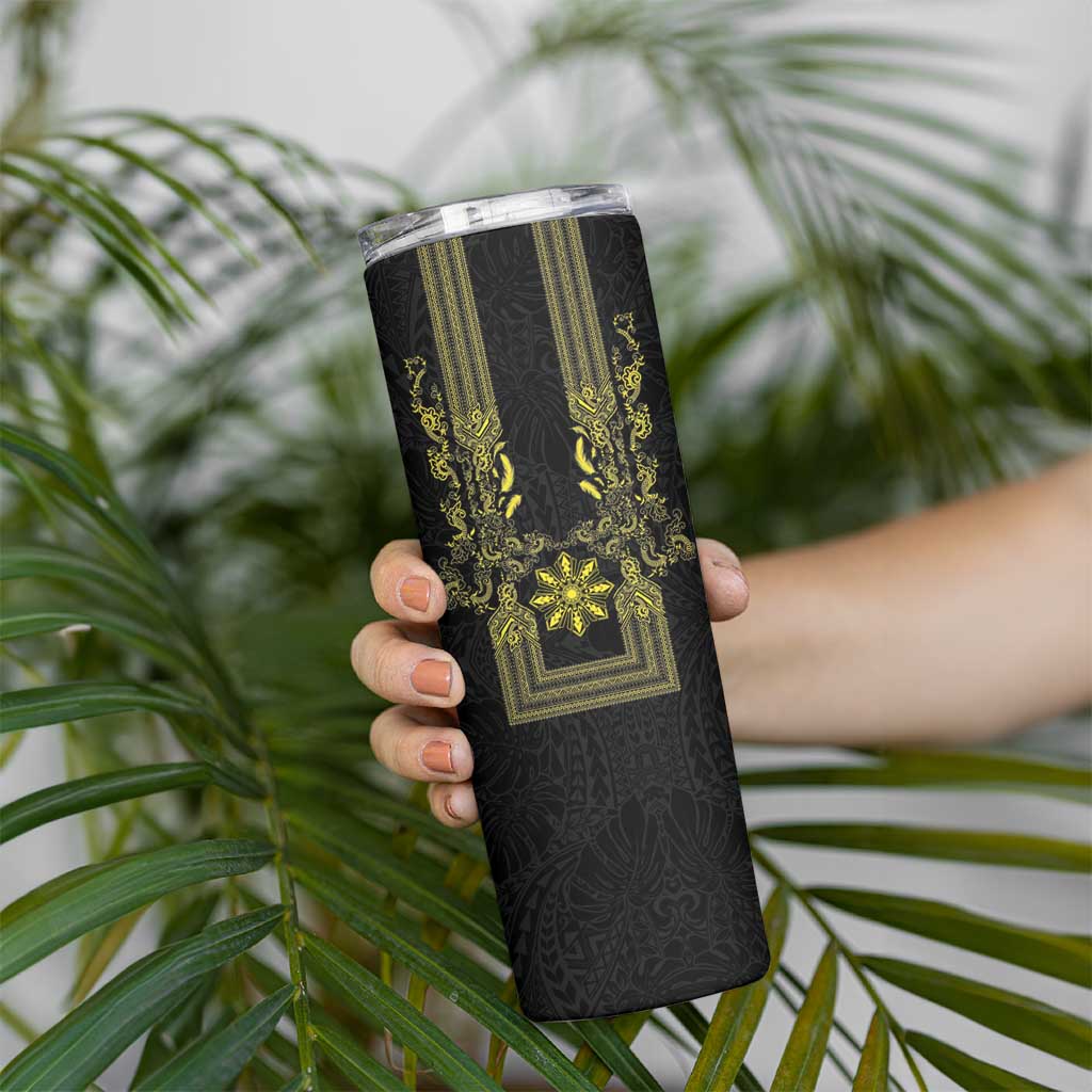 Philippines Barong Style Skinny Tumbler with Polynesian Art and Leaf Motif Black-Gold Color LT03 - Polynesian Pride