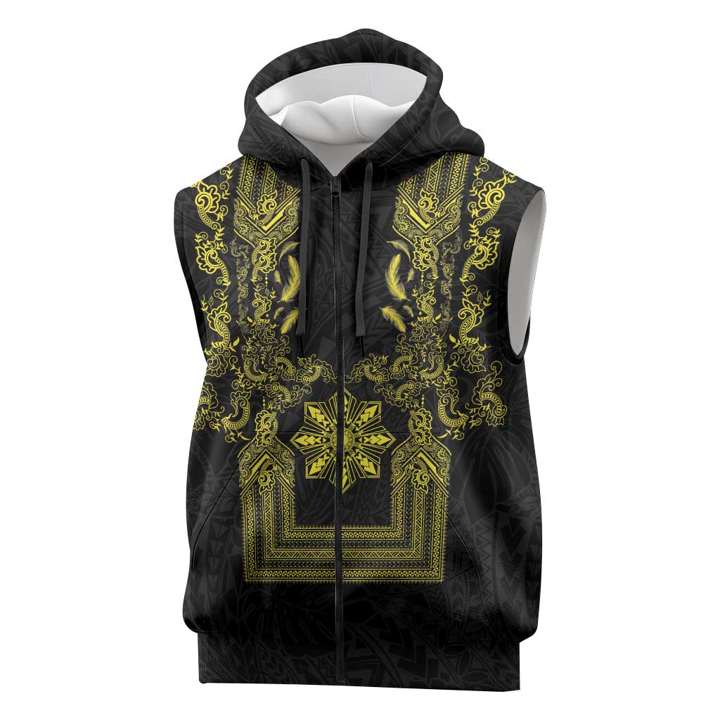 Philippines Barong Style Sleeveless Zip Hoodie with Polynesian Art and Leaf Motif Black-Gold Color LT03 Black - Polynesian Pride