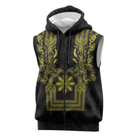 Philippines Barong Style Sleeveless Zip Hoodie with Polynesian Art and Leaf Motif Black-Gold Color LT03 Black - Polynesian Pride