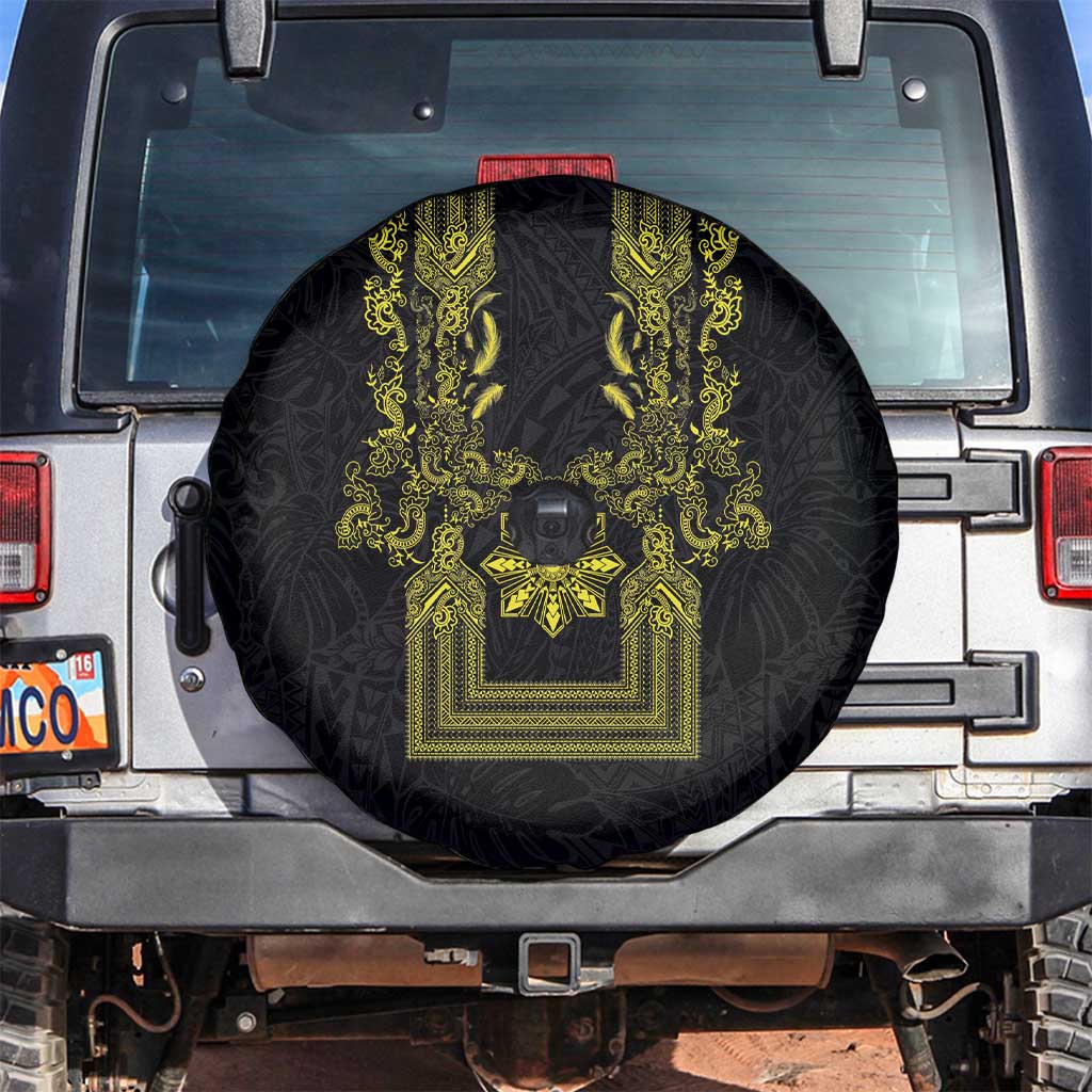 Philippines Barong Style Spare Tire Cover with Polynesian Art and Leaf Motif Black-Gold Color