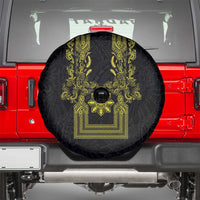 Philippines Barong Style Spare Tire Cover with Polynesian Art and Leaf Motif Black-Gold Color
