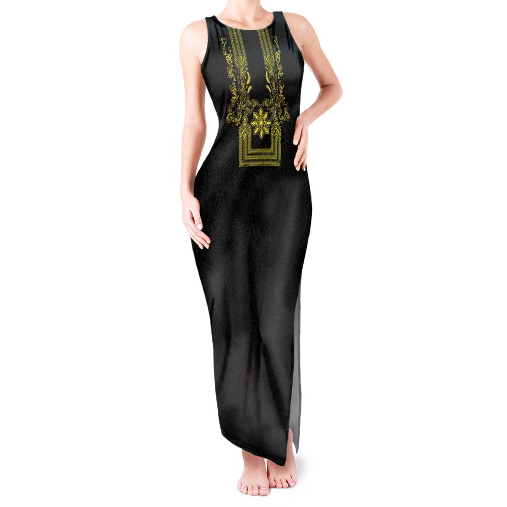 Philippines Barong Style Tank Maxi Dress with Polynesian Art and Leaf Motif Black-Gold Color