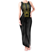 Philippines Barong Style Tank Maxi Dress with Polynesian Art and Leaf Motif Black-Gold Color