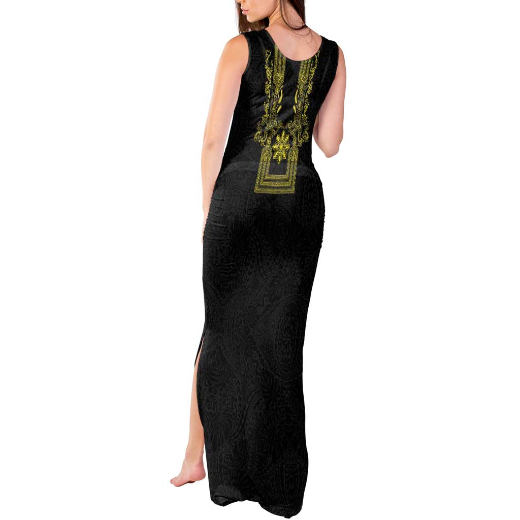 Philippines Barong Style Tank Maxi Dress with Polynesian Art and Leaf Motif Black-Gold Color