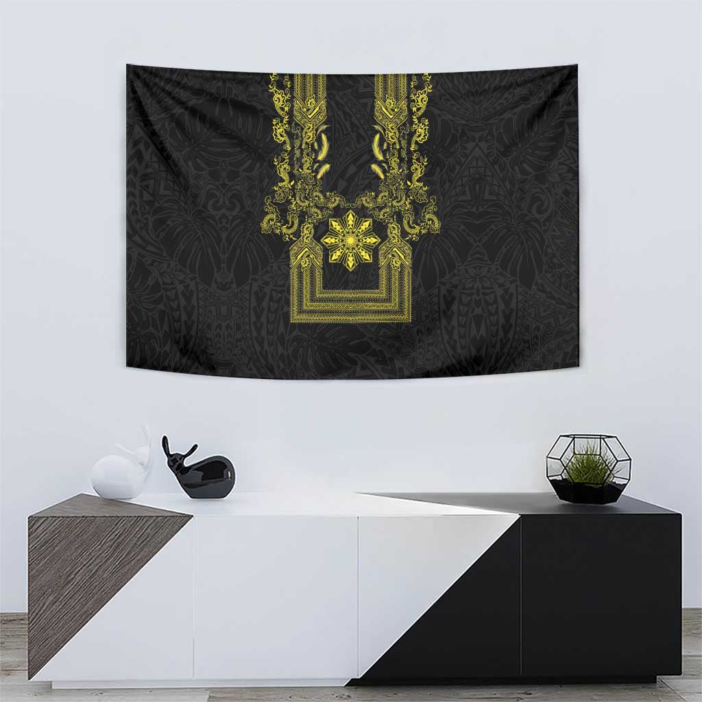 Philippines Barong Style Tapestry with Polynesian Art and Leaf Motif Black-Gold Color