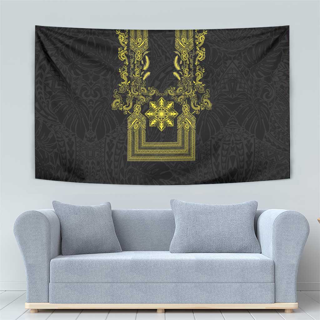 Philippines Barong Style Tapestry with Polynesian Art and Leaf Motif Black-Gold Color