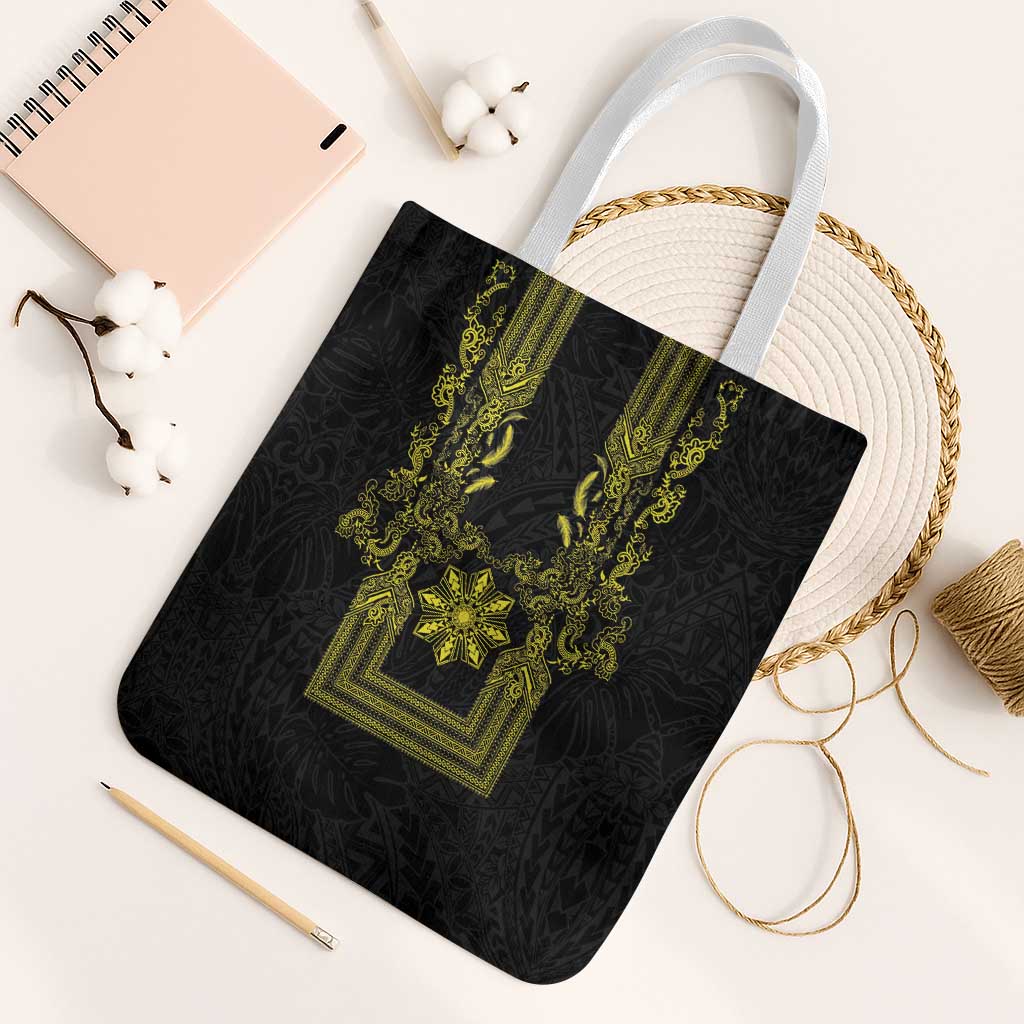 Philippines Barong Style Tote Bag with Polynesian Art and Leaf Motif Black-Gold Color