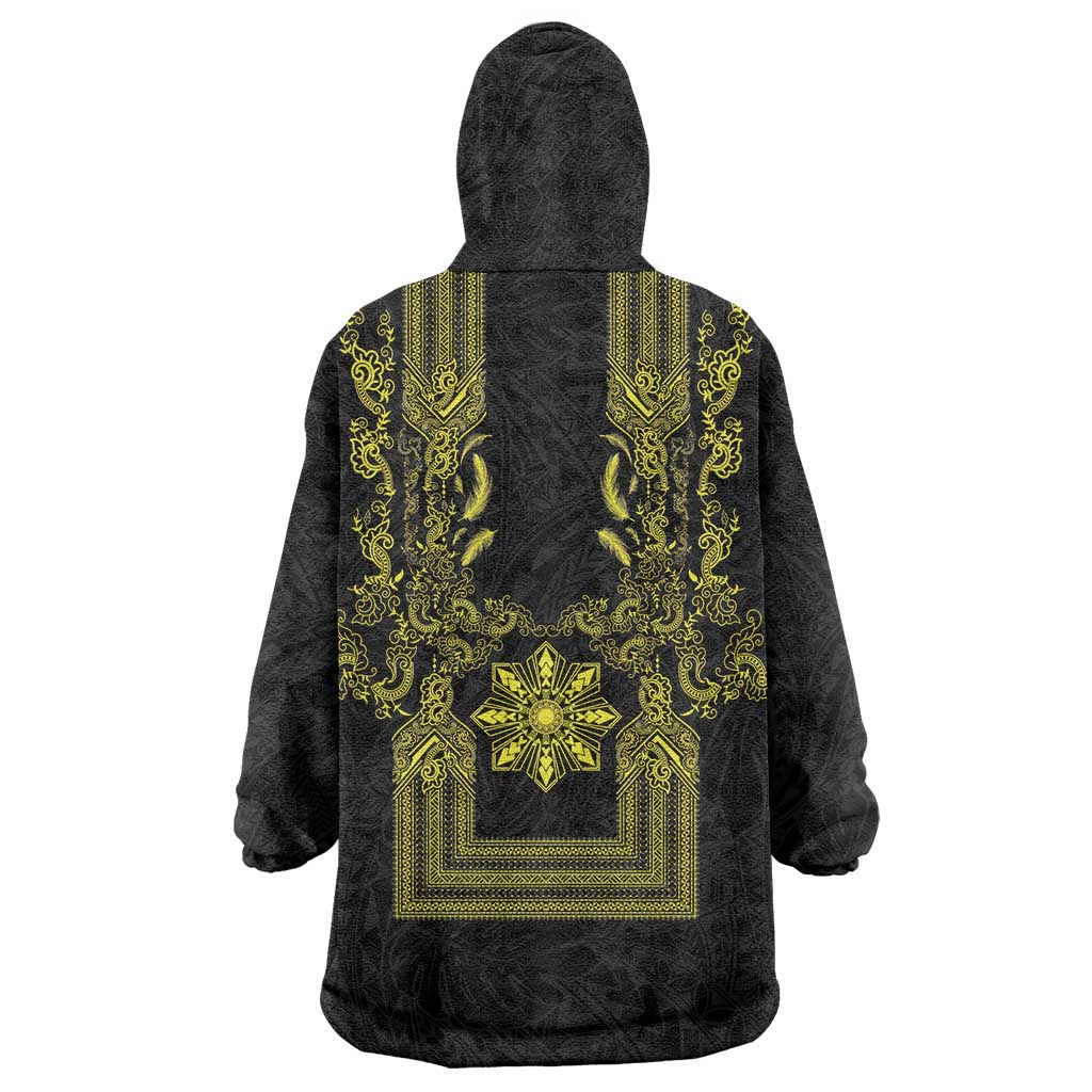 Philippines Barong Style Wearable Blanket Hoodie with Polynesian Art and Leaf Motif Black-Gold Color LT03 - Polynesian Pride
