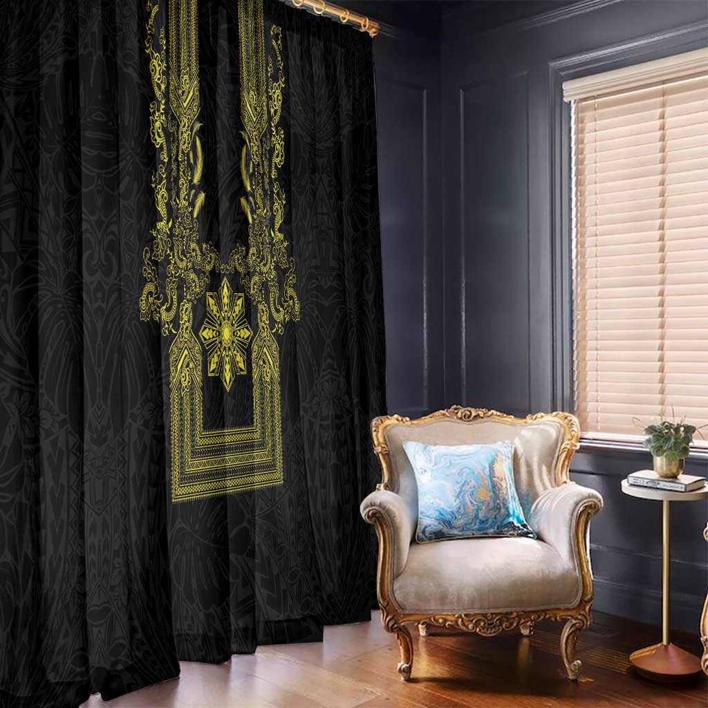 Philippines Barong Style Window Curtain with Polynesian Art and Leaf Motif Black-Gold Color