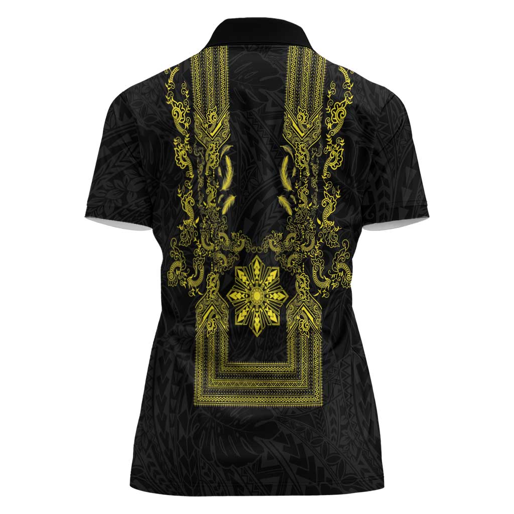 Philippines Barong Style Women Polo Shirt with Polynesian Art and Leaf Motif Black-Gold Color LT03 - Polynesian Pride