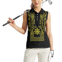 Philippines Barong Style Women Sleeveless Polo Shirt with Polynesian Art and Leaf Motif Black-Gold Color LT03 - Polynesian Pride