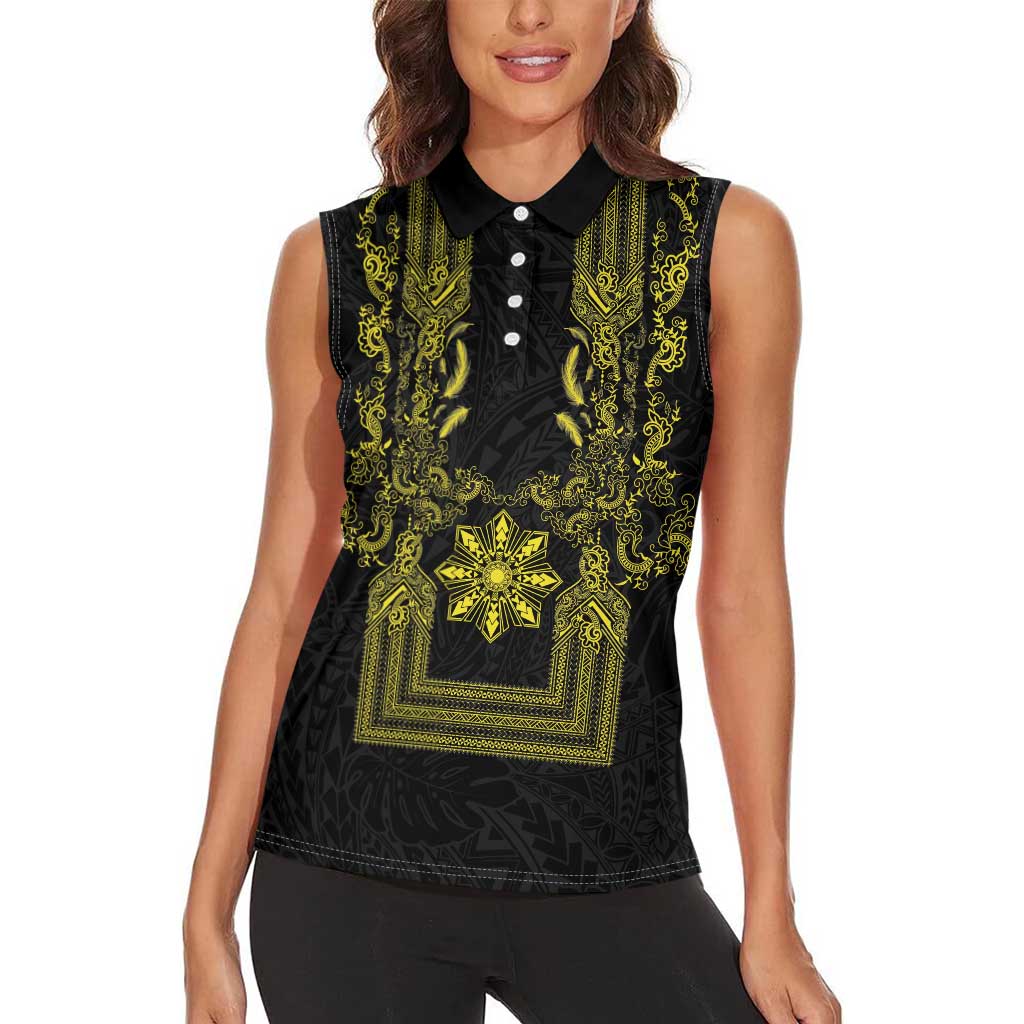Philippines Barong Style Women Sleeveless Polo Shirt with Polynesian Art and Leaf Motif Black-Gold Color LT03 - Polynesian Pride