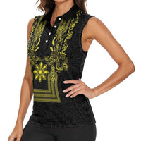 Philippines Barong Style Women Sleeveless Polo Shirt with Polynesian Art and Leaf Motif Black-Gold Color LT03 - Polynesian Pride