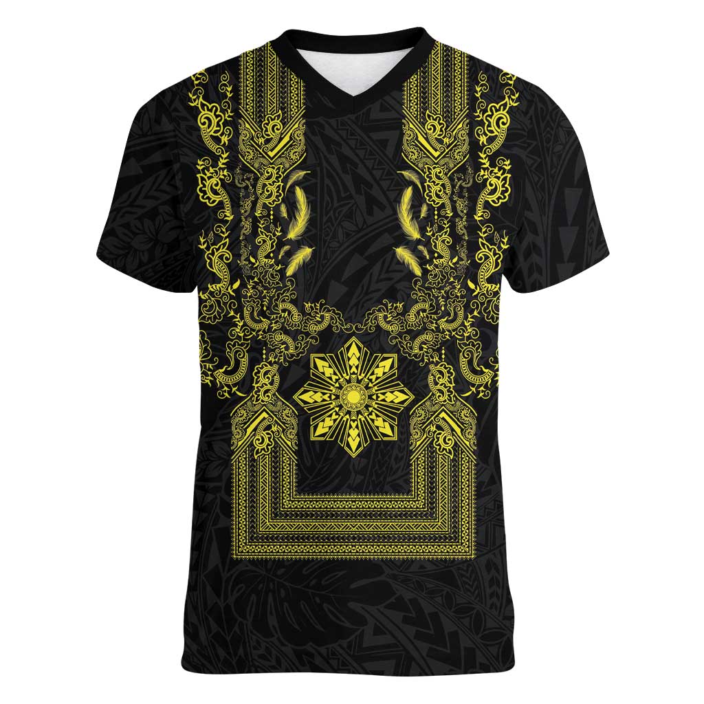 Philippines Barong Style Women V-Neck T-Shirt with Polynesian Art and Leaf Motif Black-Gold Color