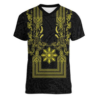 Philippines Barong Style Women V-Neck T-Shirt with Polynesian Art and Leaf Motif Black-Gold Color LT03 Female Black - Polynesian Pride