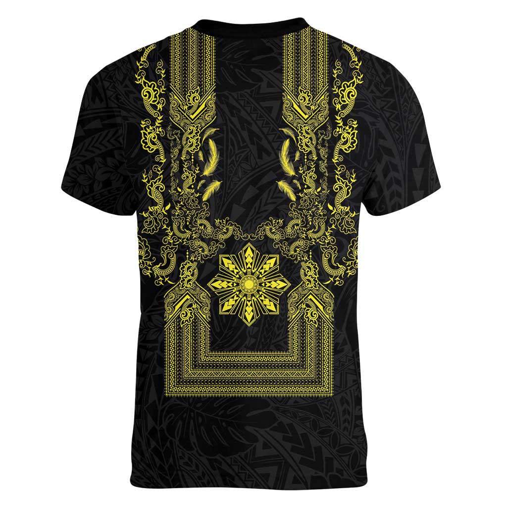 Philippines Barong Style Women V-Neck T-Shirt with Polynesian Art and Leaf Motif Black-Gold Color LT03 - Polynesian Pride