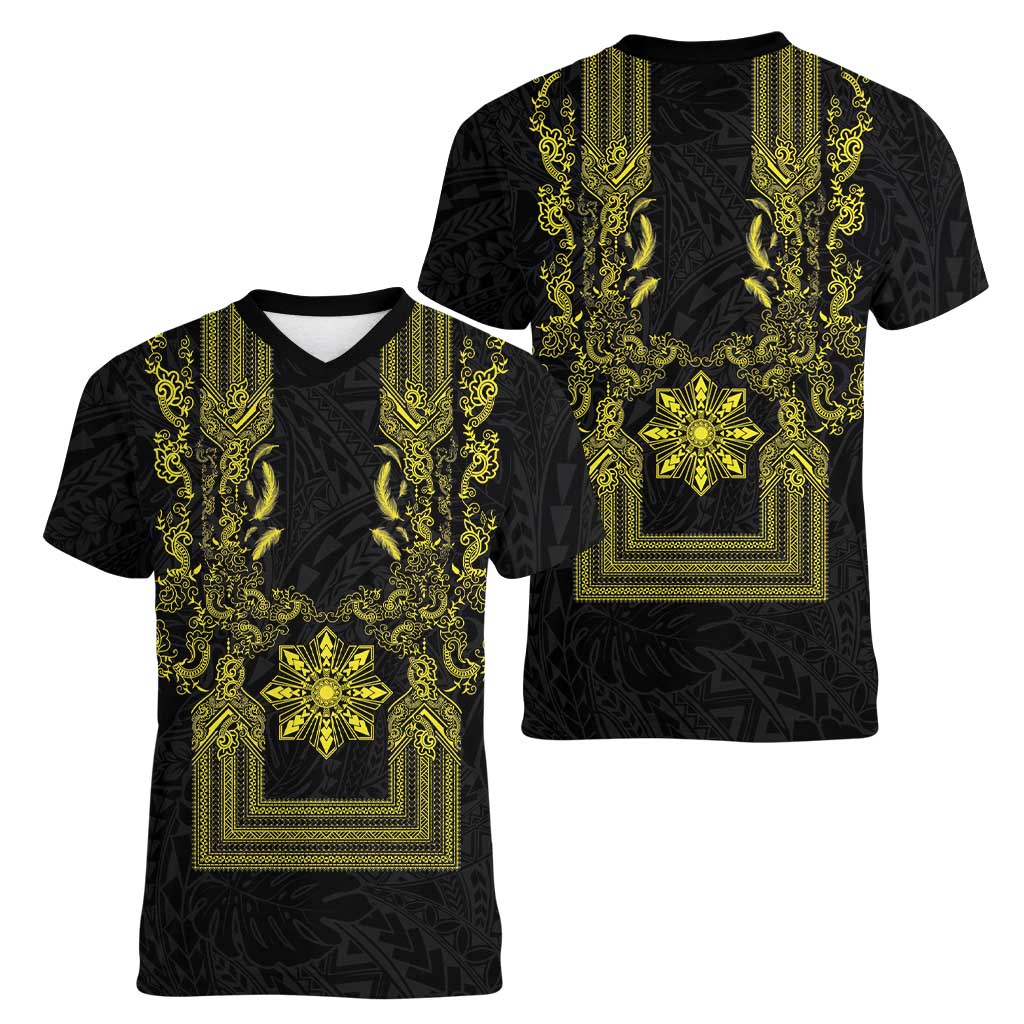 Philippines Barong Style Women V-Neck T-Shirt with Polynesian Art and Leaf Motif Black-Gold Color LT03 - Polynesian Pride