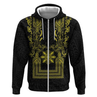 Philippines Barong Style Zip Hoodie with Polynesian Art and Leaf Motif Black-Gold Color