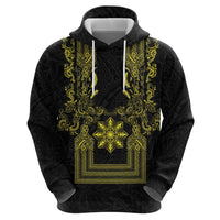 Philippines Barong Style Zip Hoodie with Polynesian Art and Leaf Motif Black-Gold Color