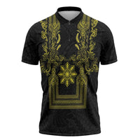 Philippines Barong Style Zipper Polo Shirt with Polynesian Art and Leaf Motif Black-Gold Color LT03 Black - Polynesian Pride
