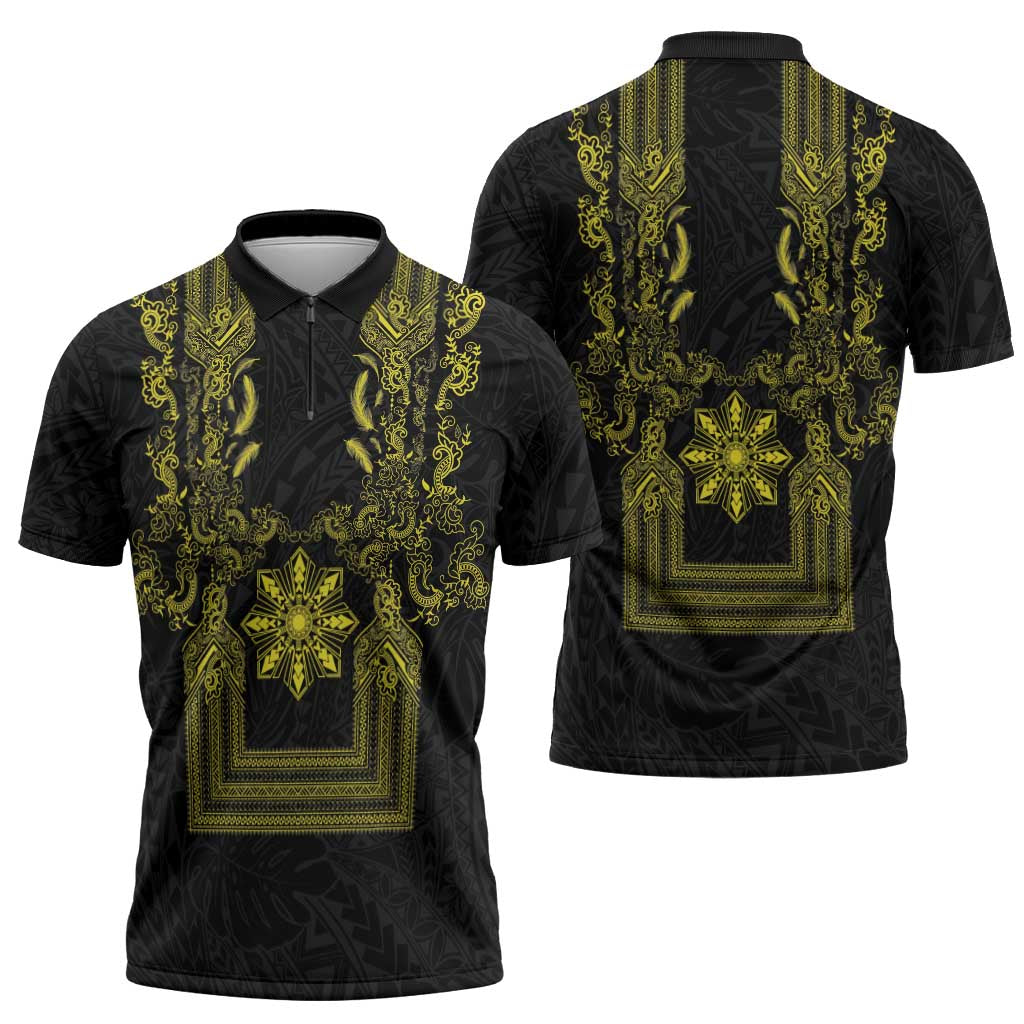 Philippines Barong Style Zipper Polo Shirt with Polynesian Art and Leaf Motif Black-Gold Color LT03 - Polynesian Pride