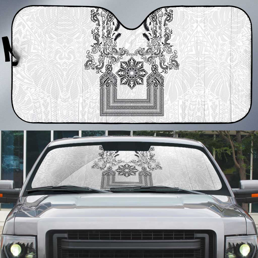 Philippines Barong Style Auto Sun Shade with Polynesian Art and Leaf Motif Black-White Color