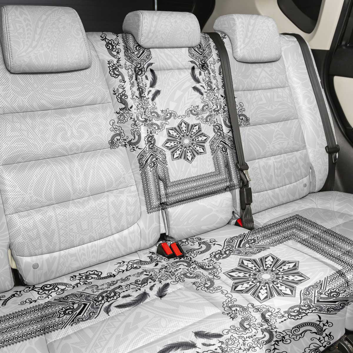 Philippines Barong Style Back Car Seat Cover with Polynesian Art and Leaf Motif Black-White Color