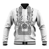 Philippines Barong Style Baseball Jacket with Polynesian Art and Leaf Motif Black-White Color