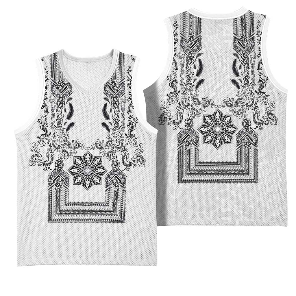 Philippines Barong Style Basketball Jersey with Polynesian Art and Leaf Motif Black-White Color