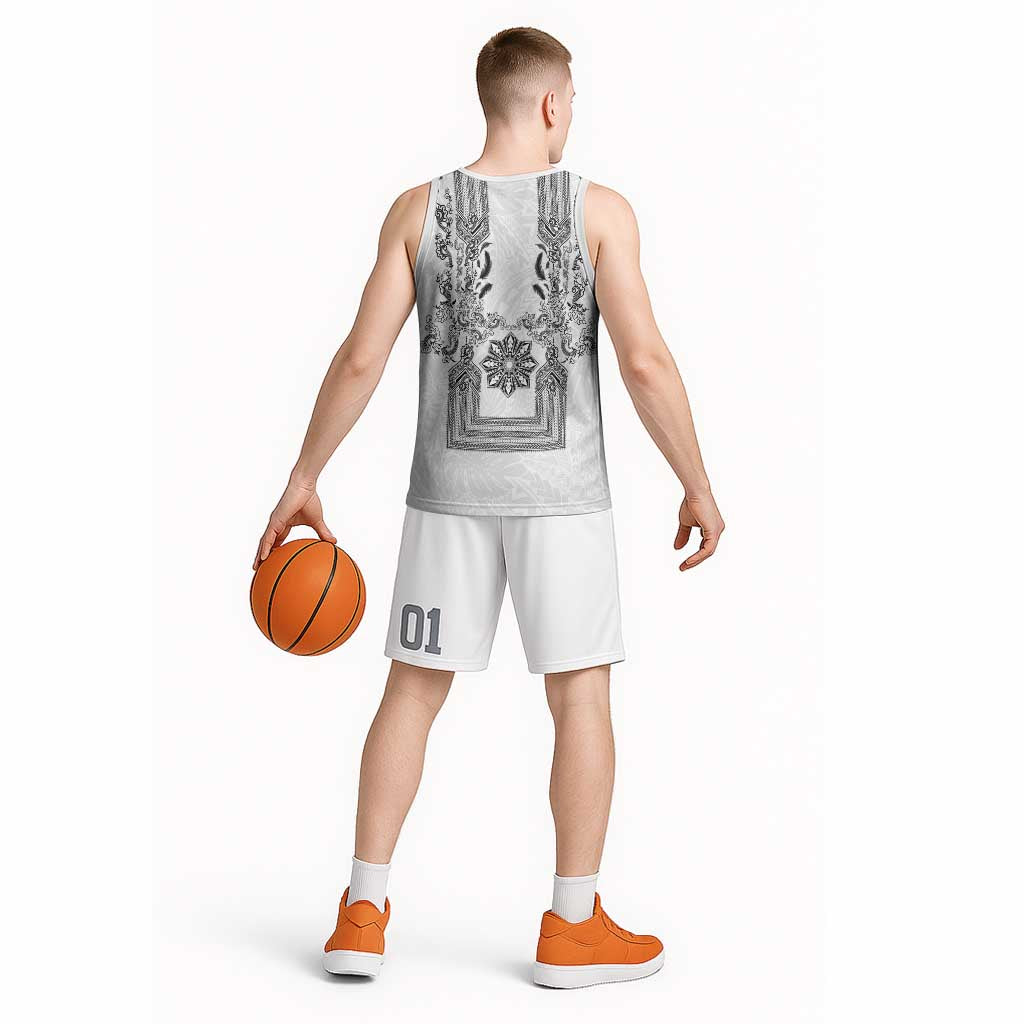 Philippines Barong Style Basketball Jersey with Polynesian Art and Leaf Motif Black-White Color