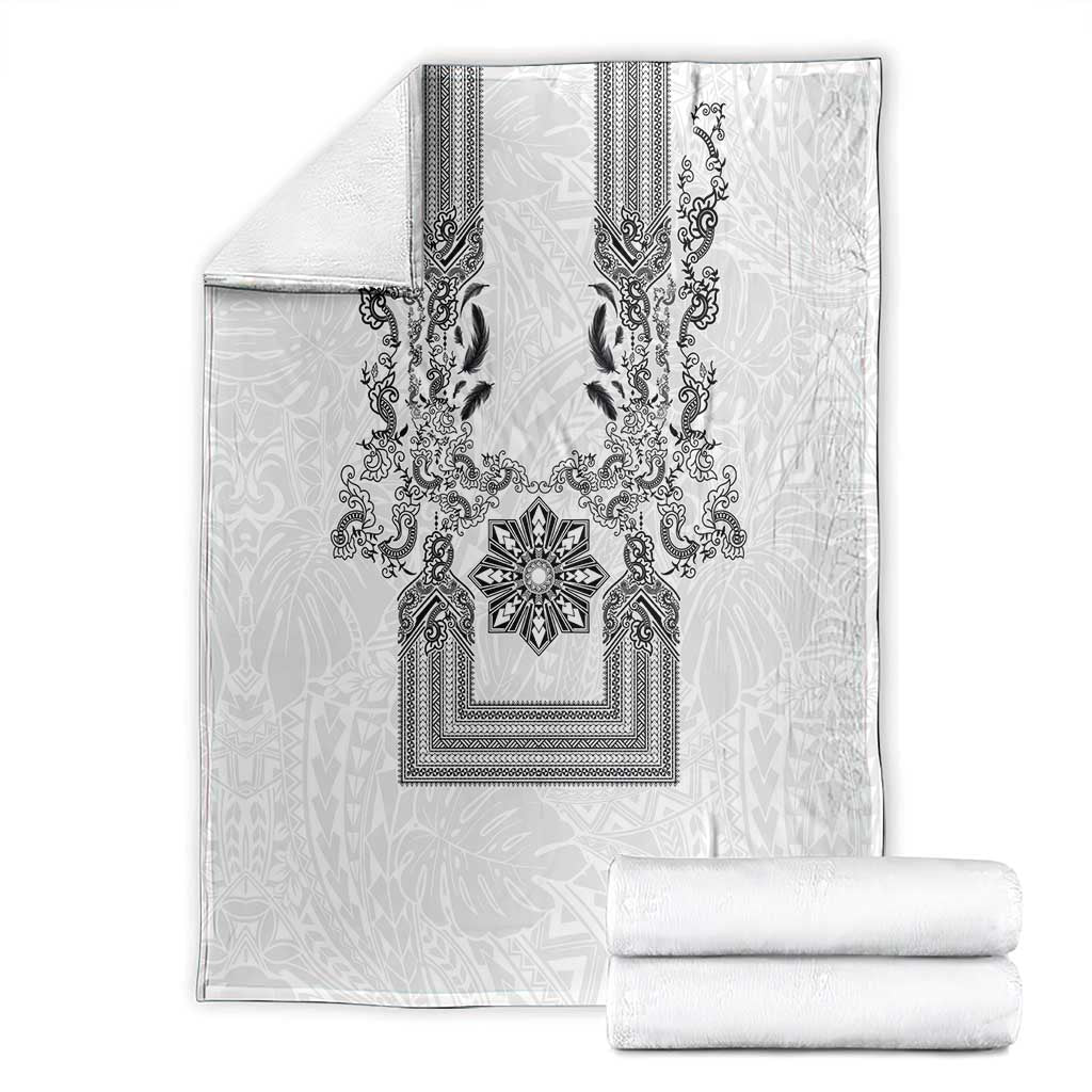 Philippines Barong Style Blanket with Polynesian Art and Leaf Motif Black-White Color