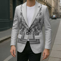 Philippines Barong Style Blazer with Polynesian Art and Leaf Motif Black-White Color